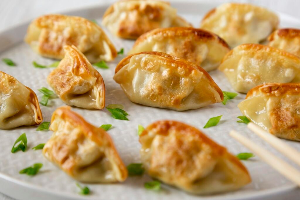 Homemade japanese gyoza on a plate, side view. Asian food. Closeup.