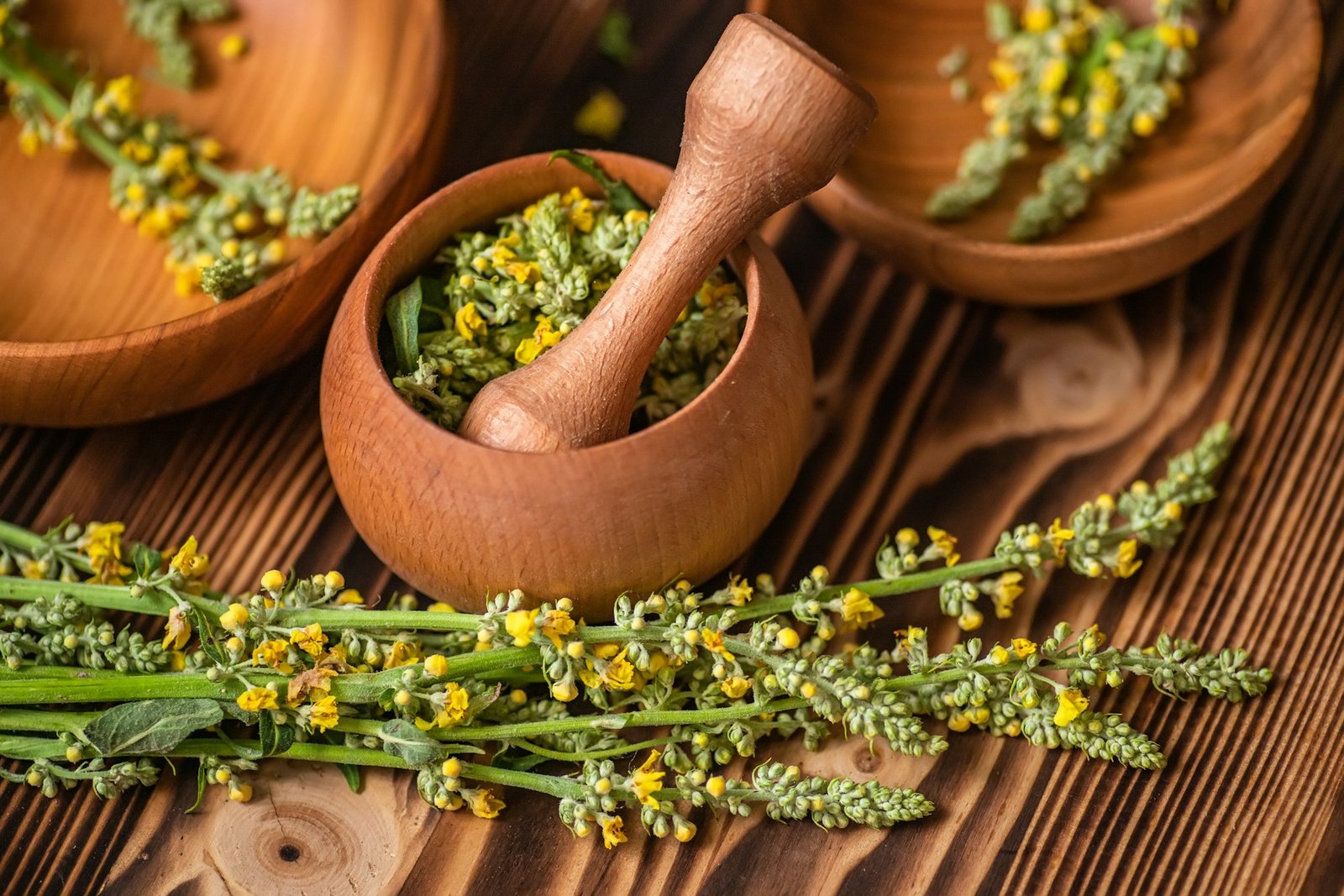 Mortar with ingredients for crushing into powder or paste for the preparation of cosmetics or